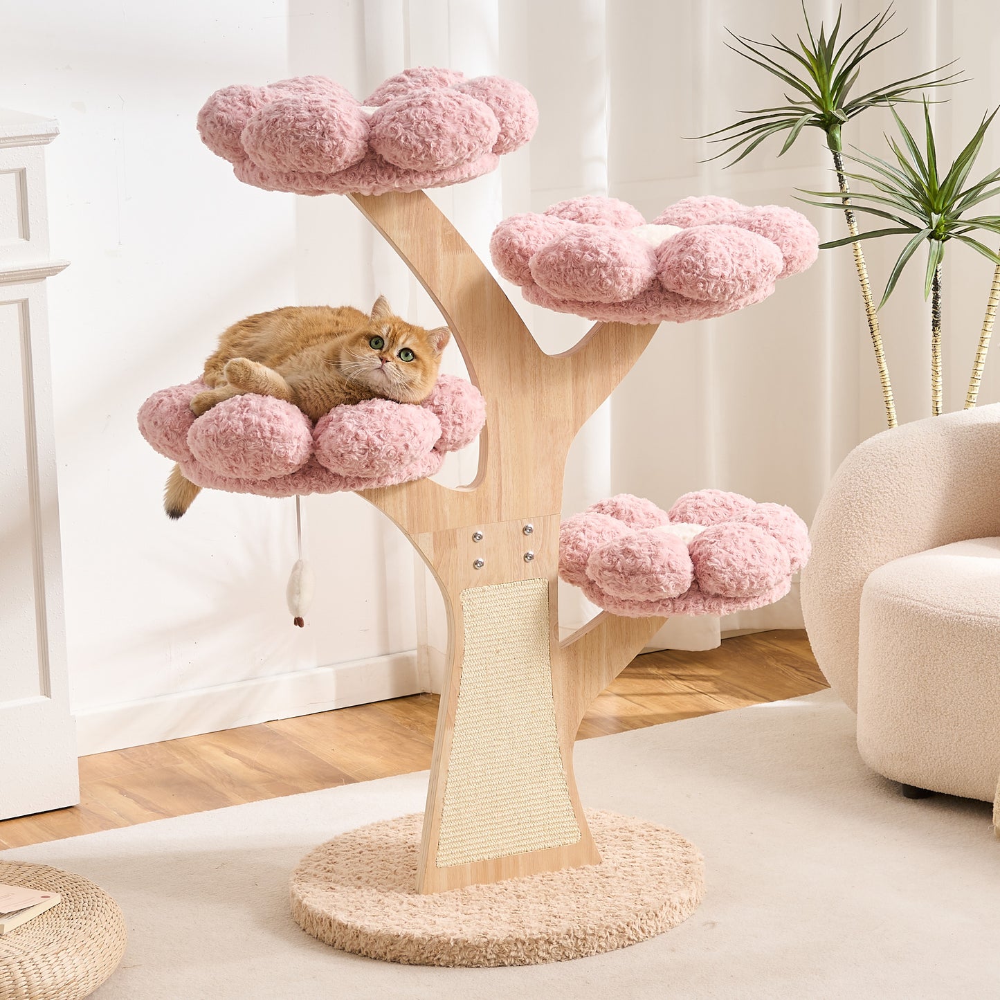 Hittite Aesthetic Flower Cat Tree Tower with Scratching Post for Indoor Cats, 48" Modern Cat Tree with Wood Sculpted Branch, Flower Cat Beds, Scratching Board & Interactive Squeaky Toy