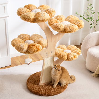 Hittite Aesthetic Flower Cat Tree Tower with Scratching Post for Indoor Cats, 48" Modern Cat Tree with Wood Sculpted Branch, Flower Cat Beds, Scratching Board & Interactive Squeaky Toy