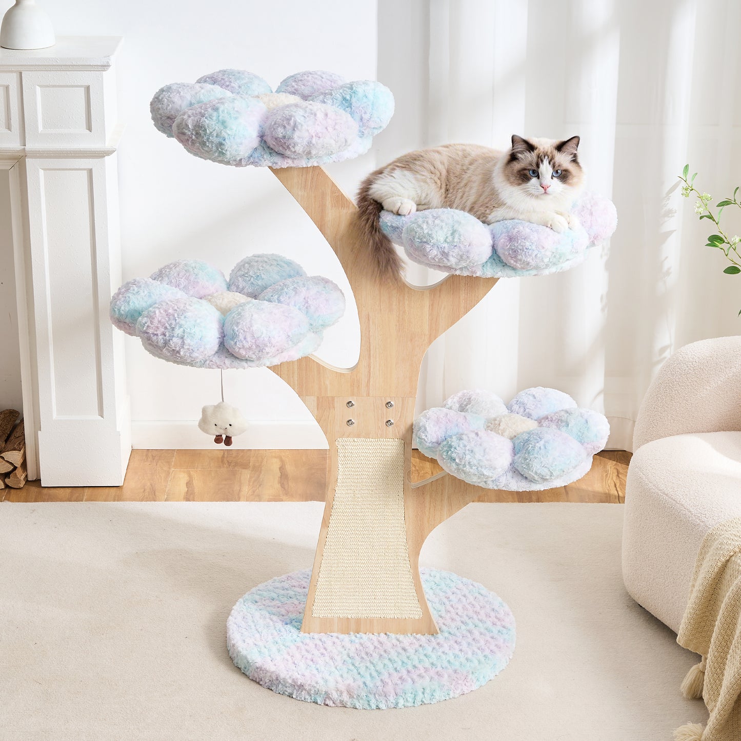 Hittite Aesthetic Flower Cat Tree Tower with Scratching Post for Indoor Cats, 48" Modern Cat Tree with Wood Sculpted Branch, Flower Cat Beds, Scratching Board & Interactive Squeaky Toy