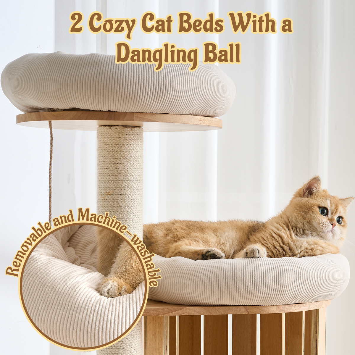70" Modern Wood Cat Tree for Indoor Cats, Multi-Level Cat Tower with 2 Hidden Cat Caves, Hammock, Elevated Top Beds & Sisal Scratching Posts, Furniture-Style Cat Condo for Multi-Cat Homes