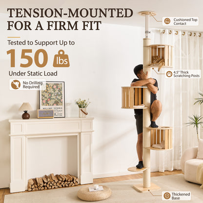Floor to Ceiling Cat Tree, Adjustable 7.9–9.9 ft Tension Cat Tower, Modern Multi-Level Cat Tree with Thick Sisal Posts, Hidden Caves, Capsule & Perches, No Drilling