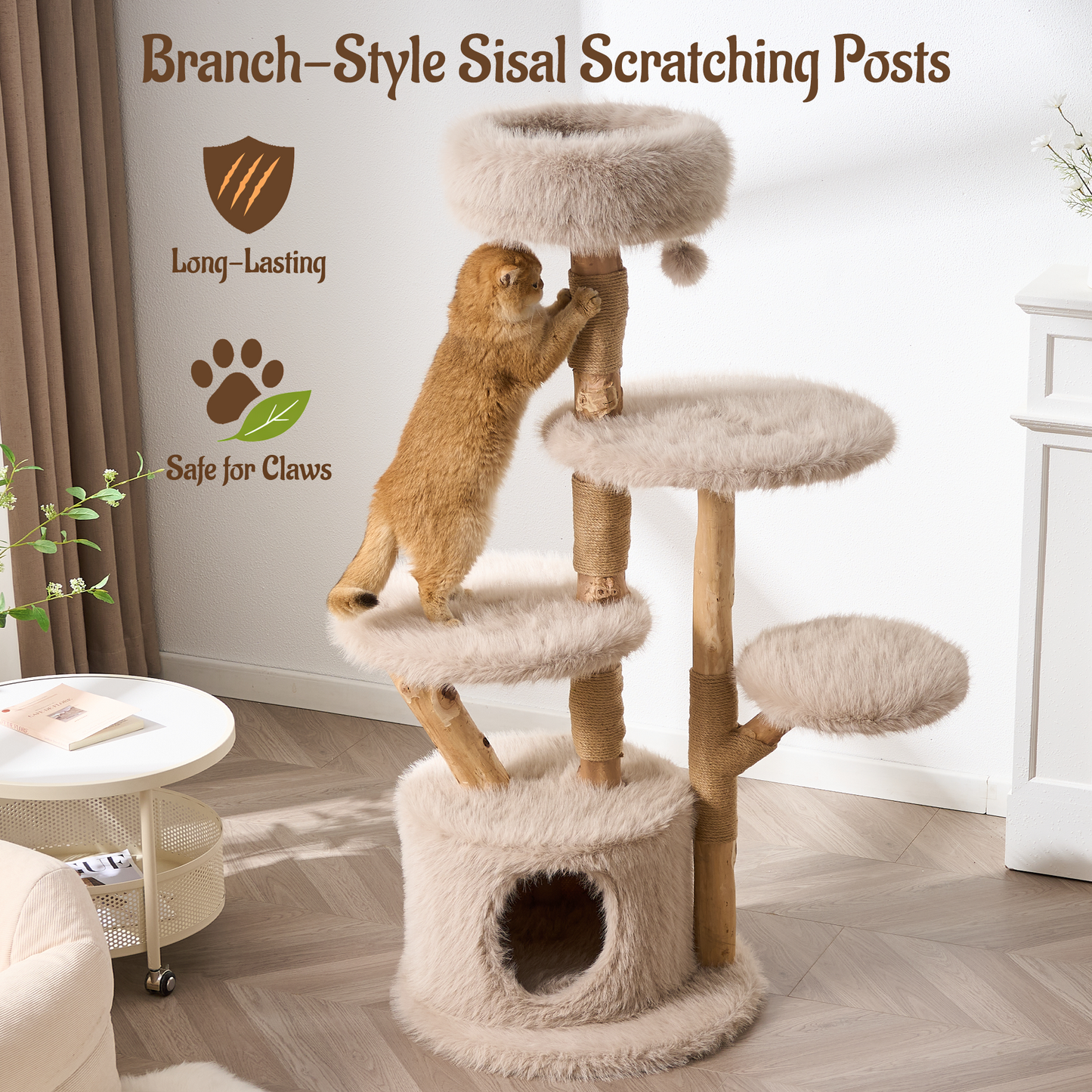 54"/ 58" Modern Aesthetic Cat Tree Tower for Indoor Cats with Branch-Style Natural Wood Scratching Posts, Luxury Plush Faux Fur Cat Bed with Natural Loft, Cave, Perches & Hanging Ball, Almond Khaki