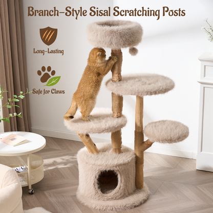 54"/ 58" Modern Aesthetic Cat Tree Tower for Indoor Cats with Branch-Style Natural Wood Scratching Posts, Luxury Plush Faux Fur Cat Bed with Natural Loft, Cave, Perches & Hanging Ball, Almond Khaki