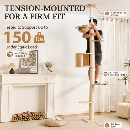 Floor to Ceiling Cat Tree, Adjustable 7.9–9.9 ft Tension Cat Tower, Modern Multi-Level Cat Tree with Thick Sisal Posts, Hidden Caves, Capsule & Perches, No Drilling