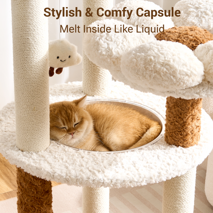 Modern Cat Tree Tower with Scratching Post for Indoor Cats, 50.5" Tall Cat Tree with Flower/Fluffy Cat Beds, Acrylic Capsule, Multi-Level Platforms & Interactive Toy, Brown/Pink