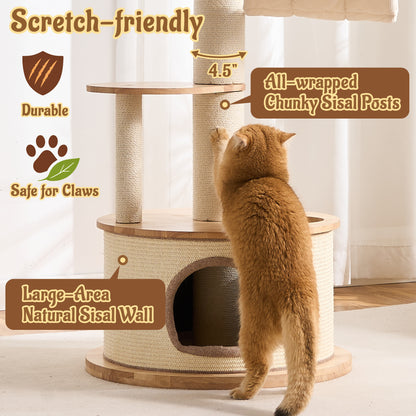 Kicari 64.2" Solid Wood Cat Tree Tower for Indoor Cats, Multi-Level Modern Cat Furniture with 20" Condo, Interchangeable Hammock & Capsule Bed, Chunky Scratching Posts for Active Cats up to 12 lbs