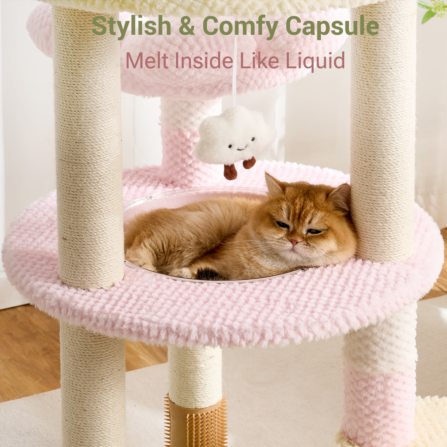 Modern Cat Tree Tower with Scratching Post for Indoor Cats, 50.5" Tall Cat Tree with Flower/Fluffy Cat Beds, Acrylic Capsule, Multi-Level Platforms & Interactive Toy, Brown/Pink