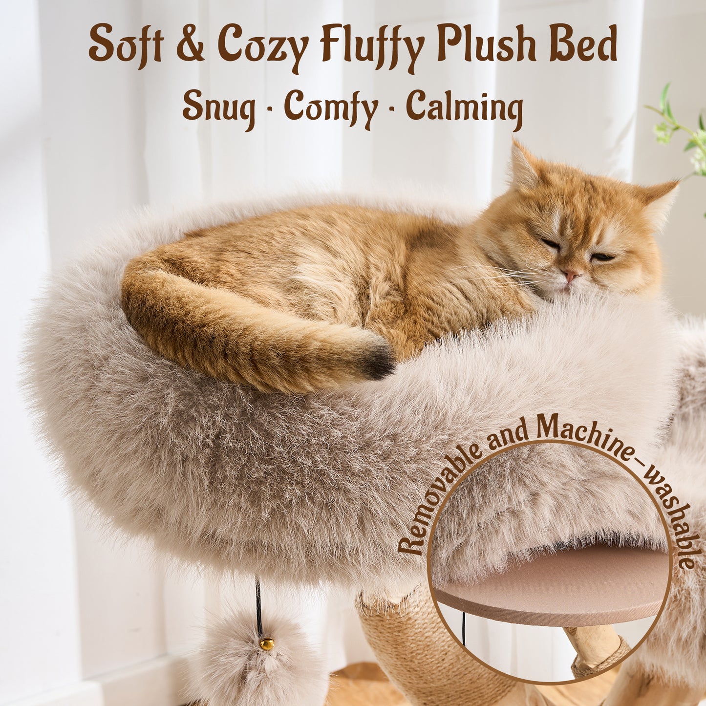 Hittite 38" Modern Cat Tree for Indoor Cats, Aesthetic Natural Wood Cat Tower with Branch-Style Scratching Posts, Luxury Plush Faux Fur Cat Beds with Natural Loft, Perch & Hanging Ball
