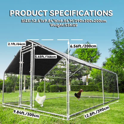 HITTITE Large Metal Chicken Coop Run for 6/8/10 Chickens,Heavy Duty Walk-in Poultry Cage with Cover,Outdoor Hen Rabbit Chicken Run in with Spire Shaped for &Farm Yard（12.8'Lx9.84'Wx6.56'H）