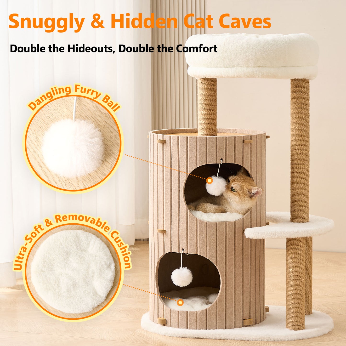 PawX Modern Cat Tree for Indoor Cats, 36in H Cat Condo Tower with Scratching Posts, Cozy Cat Bed Cave, Washable Cushions, Dangling Balls, Play & Nap Structure for All Breeds of Cats, Brown & White