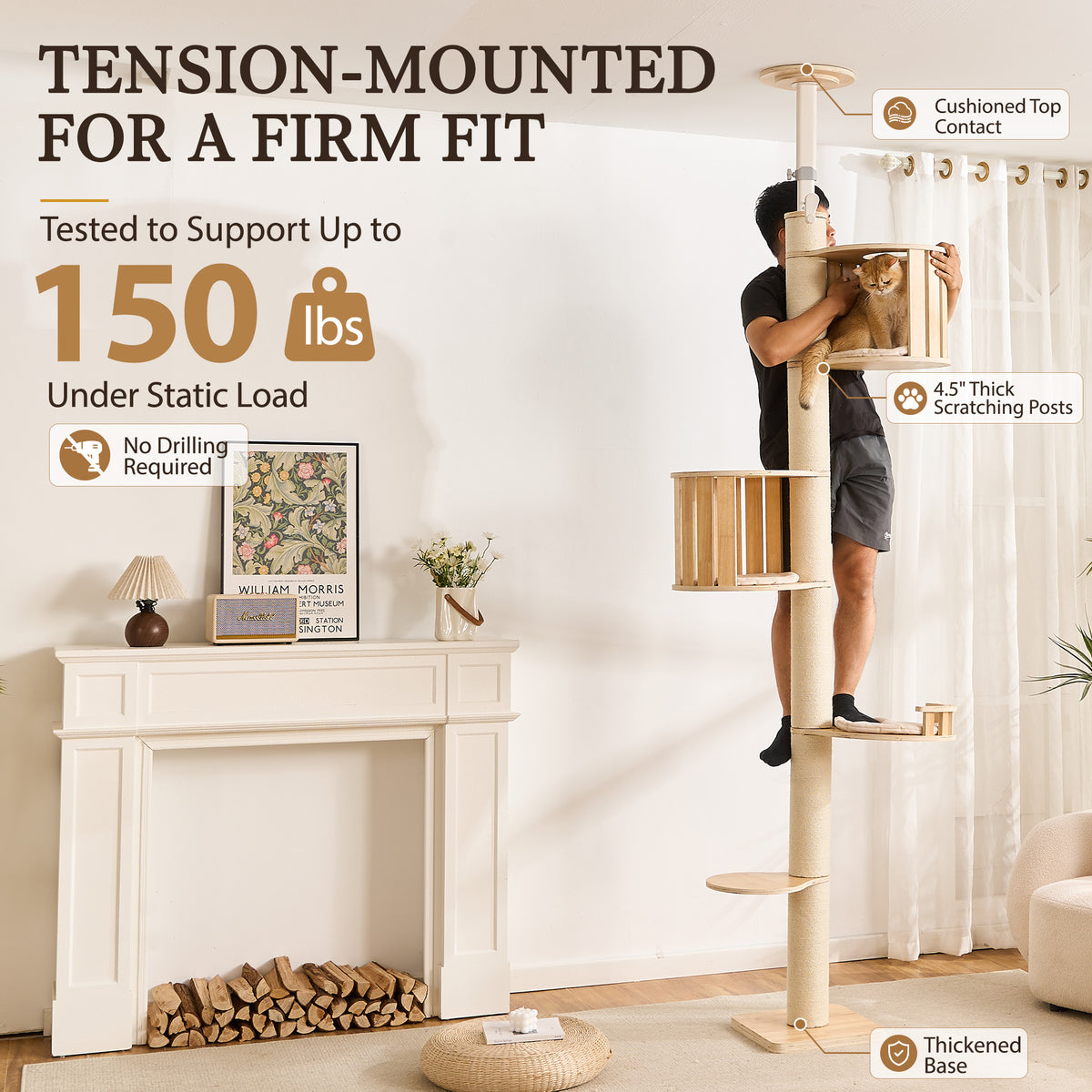 Floor to Ceiling Cat Tree, Adjustable 7.9–9.9 ft Tension Cat Tower, Modern Multi-Level Cat Tree with Thick Sisal Posts, Hidden Caves, Capsule & Perches, No Drilling