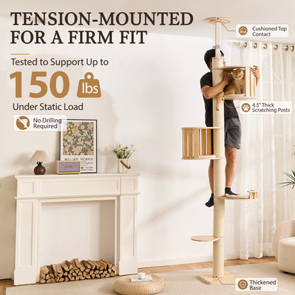 Floor to Ceiling Cat Tree, Adjustable 7.9–9.9 ft Tension Cat Tower, Modern Multi-Level Cat Tree with Thick Sisal Posts, Hidden Caves, Capsule & Perches, No Drilling