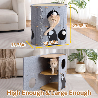 797Audio Cat House for Indoor Cats,2-Storey 23" x 15" x 23" Large Felt Covered Cat Cave for Multiple Cats, Clawsable Enclosed Cat Hideout Houses&Condos with Fluffy Ball, Cozy Scratch Resistant House