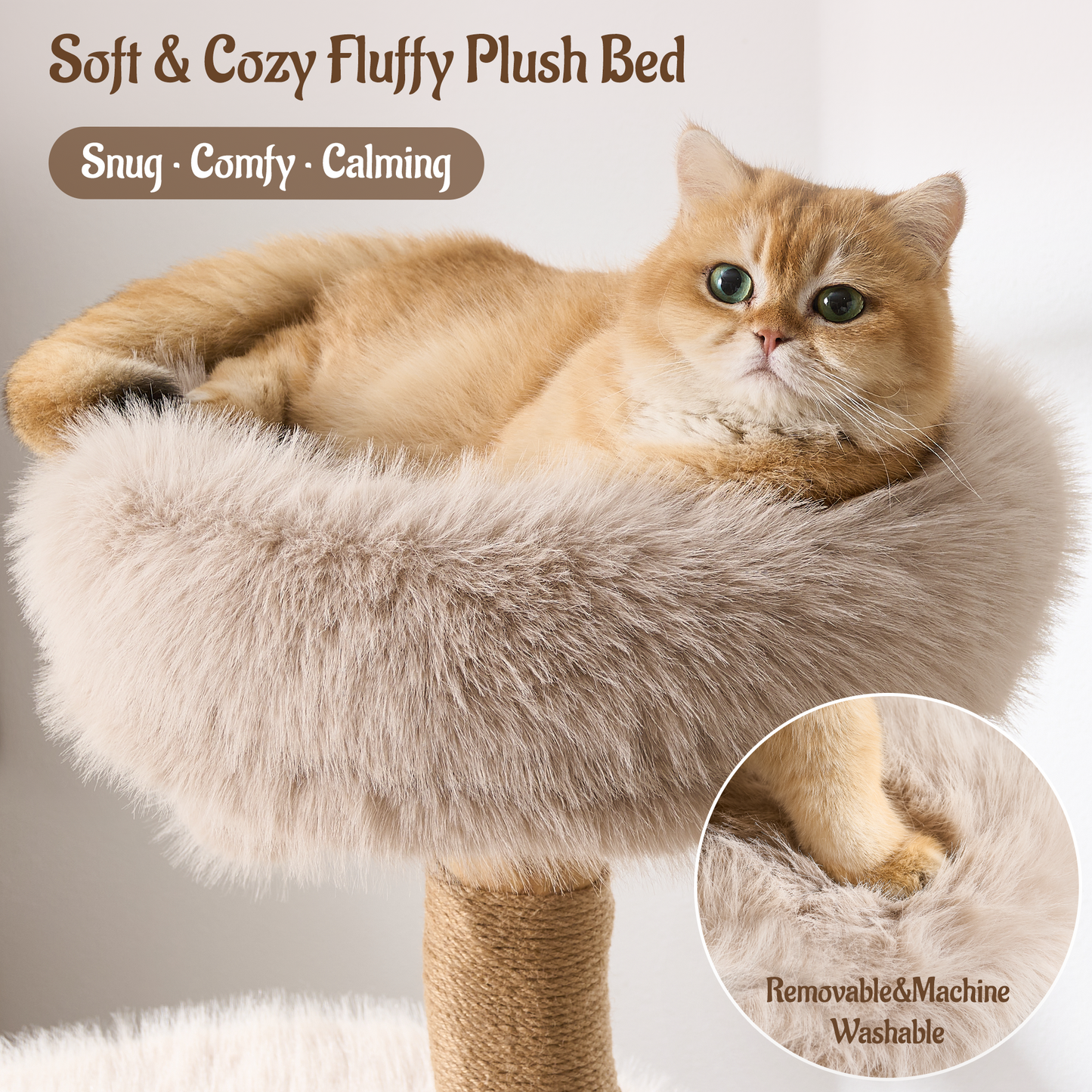 54"/ 58" Modern Aesthetic Cat Tree Tower for Indoor Cats with Branch-Style Natural Wood Scratching Posts, Luxury Plush Faux Fur Cat Bed with Natural Loft, Cave, Perches & Hanging Ball, Almond Khaki