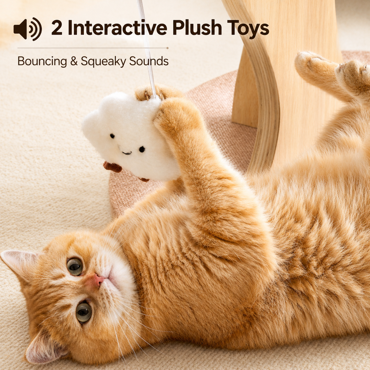 Modern Wood Cat Tree for Indoor Cats Small to Medium, Aesthetic Cat Tower with Handwoven Wicker Cat Beds, Sculpted Wood Branch Scratching Post & Interactive Squeaky Toys, Natural & White