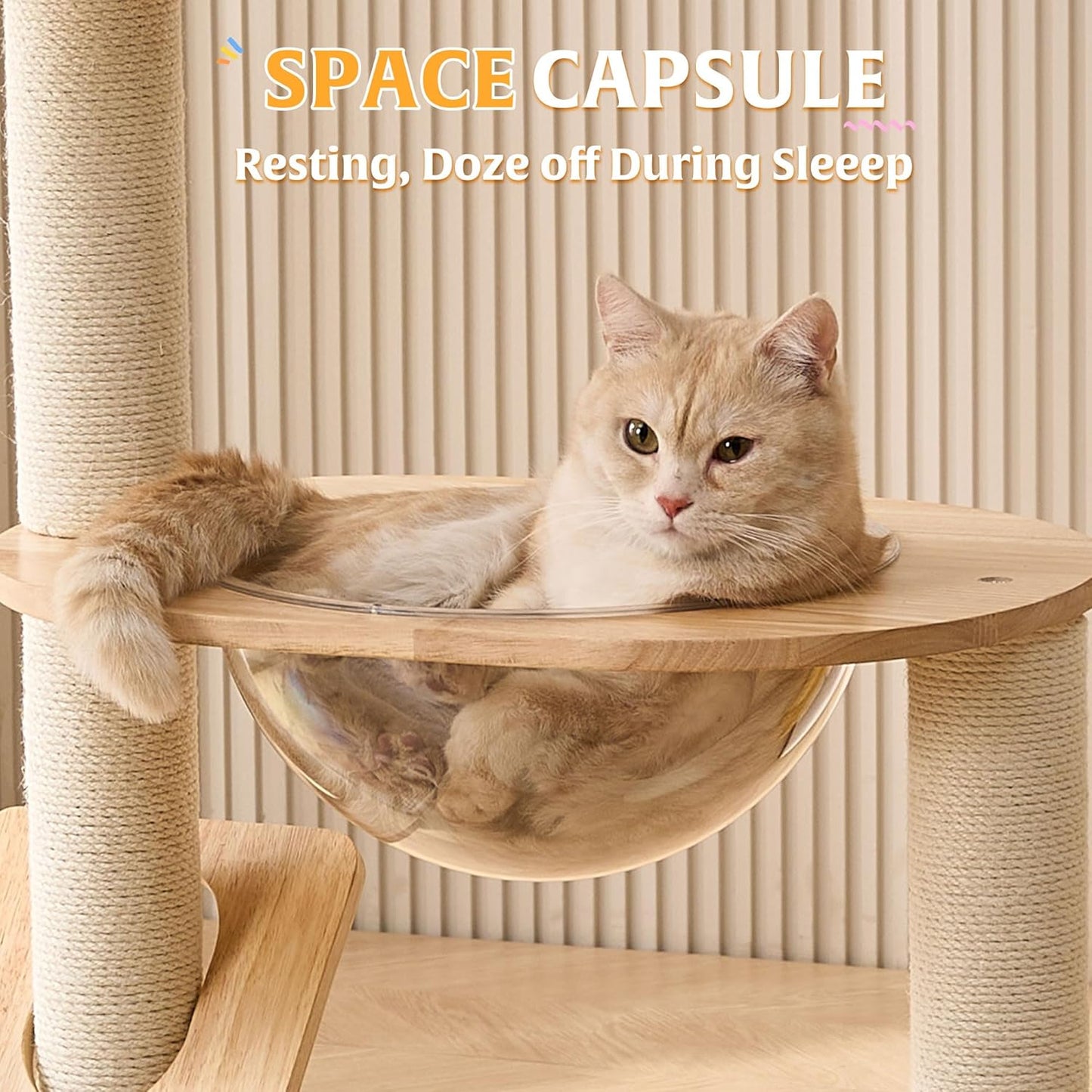 HITTITE Solid Wood Cat Tree Tower with Scratching Post, 37.8 Inches Tall Cat Towers with Scratching Board and Scratcher Ball, Modern Cat Tower With Space Capsule and Removable Top Bed for Indoor Cats.