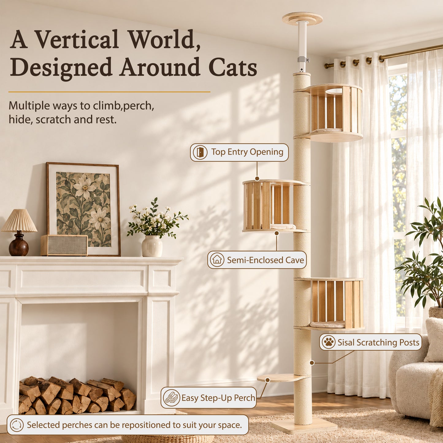 Floor to Ceiling Cat Tree, Adjustable 7.9–9.9 ft Tension Cat Tower, Modern Multi-Level Cat Tree with Thick Sisal Posts, Hidden Caves, Capsule & Perches, No Drilling