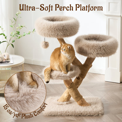 Hittite 38" Modern Cat Tree for Indoor Cats, Aesthetic Natural Wood Cat Tower with Branch-Style Scratching Posts, Luxury Plush Faux Fur Cat Beds with Natural Loft, Perch & Hanging Ball