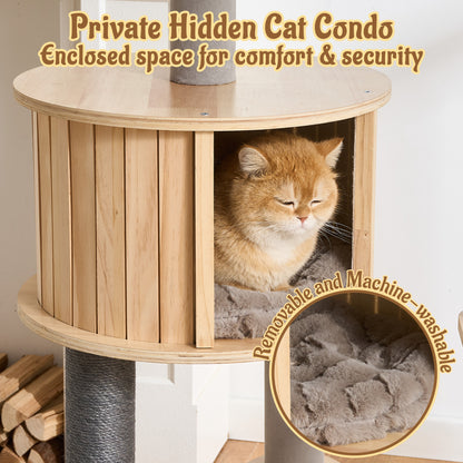 48" Modern Cat Tree for Indoor Cats with Scratching Posts, Multi-Level Wooden Cat Tower with Spacious Top Bed, Condo, Capsule Perch, Furniture-Style Cat Activity Center
