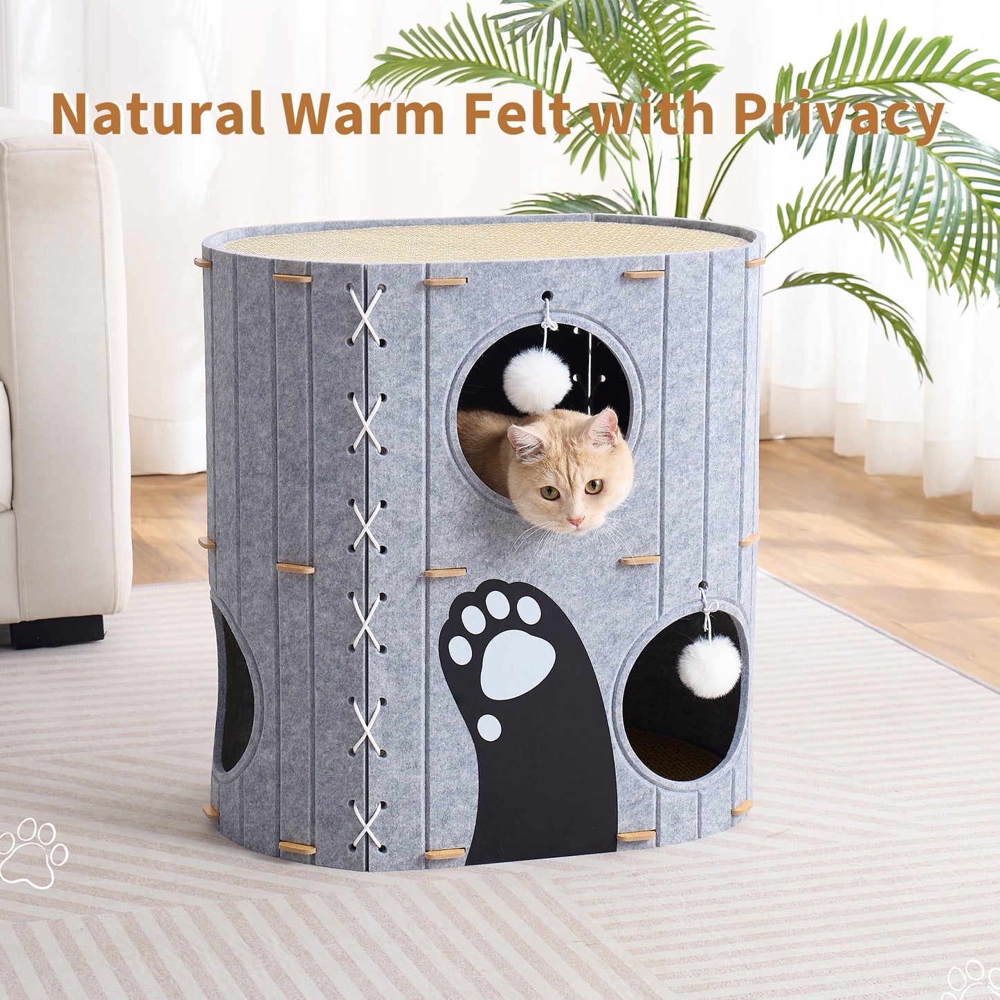 797Audio Cat House for Indoor Cats,2-Storey 23" x 15" x 23" Large Felt Covered Cat Cave for Multiple Cats, Clawsable Enclosed Cat Hideout Houses&Condos with Fluffy Ball, Cozy Scratch Resistant House