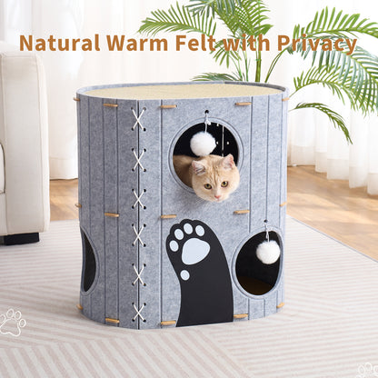 797Audio Cat House for Indoor Cats,2-Storey 23" x 15" x 23" Large Felt Covered Cat Cave for Multiple Cats, Clawsable Enclosed Cat Hideout Houses&Condos with Fluffy Ball, Cozy Scratch Resistant House