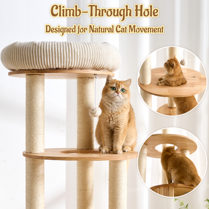 68" Tall Modern Wooden Cat Tree for Large Indoor Cats, Multi-Level Cat Tower with Sisal Scratching Posts, Spacious Top Perch, Condo & Capsule Bed, Turntable Toys, Stable Solid Wood Cat Furniture