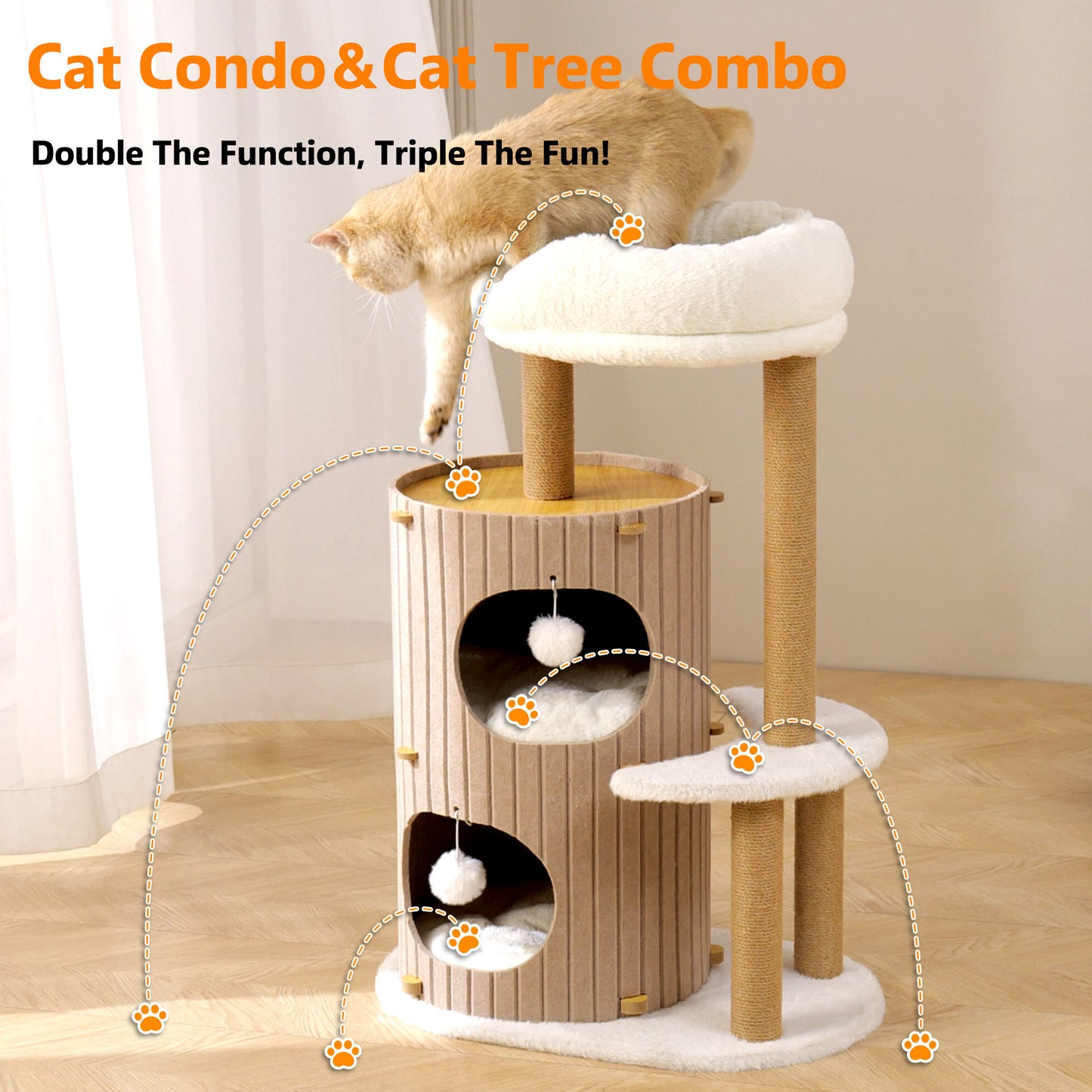 PawX Modern Cat Tree for Indoor Cats, 36in H Cat Condo Tower with Scratching Posts, Cozy Cat Bed Cave, Washable Cushions, Dangling Balls, Play & Nap Structure for All Breeds of Cats, Brown & White