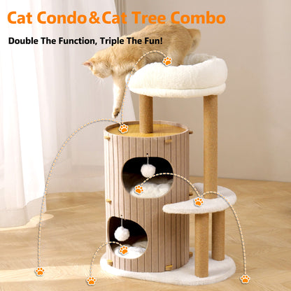 PawX Modern Cat Tree for Indoor Cats, 36in H Cat Condo Tower with Scratching Posts, Cozy Cat Bed Cave, Washable Cushions, Dangling Balls, Play & Nap Structure for All Breeds of Cats, Brown & White