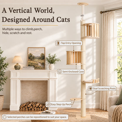 Floor to Ceiling Cat Tree, Adjustable 7.9–9.9 ft Tension Cat Tower, Modern Multi-Level Cat Tree with Thick Sisal Posts, Hidden Caves, Capsule & Perches, No Drilling