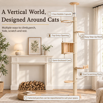 Floor to Ceiling Cat Tree, Adjustable 7.9–9.9 ft Tension Cat Tower, Modern Multi-Level Cat Tree with Thick Sisal Posts, Hidden Caves, Capsule & Perches, No Drilling