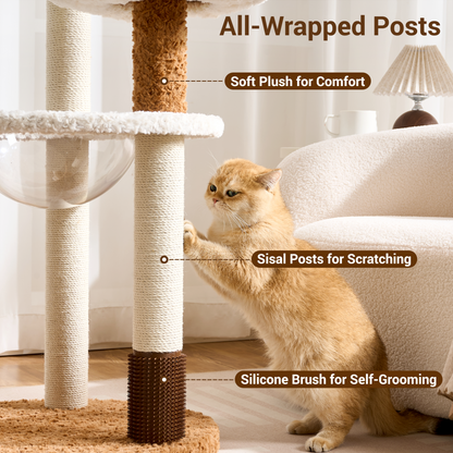 Modern Cat Tree Tower with Scratching Post for Indoor Cats, 50.5" Tall Cat Tree with Flower/Fluffy Cat Beds, Acrylic Capsule, Multi-Level Platforms & Interactive Toy, Brown/Pink