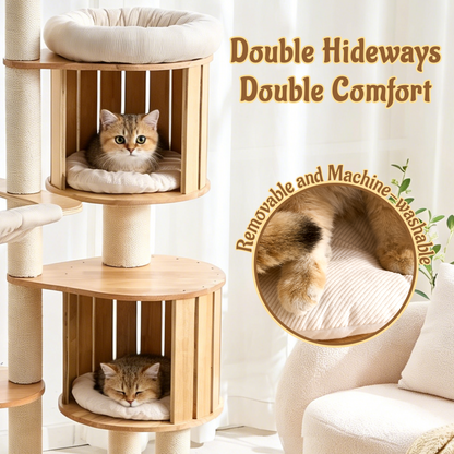 70" Modern Wood Cat Tree for Indoor Cats, Multi-Level Cat Tower with 2 Hidden Cat Caves, Hammock, Elevated Top Beds & Sisal Scratching Posts, Furniture-Style Cat Condo for Multi-Cat Homes