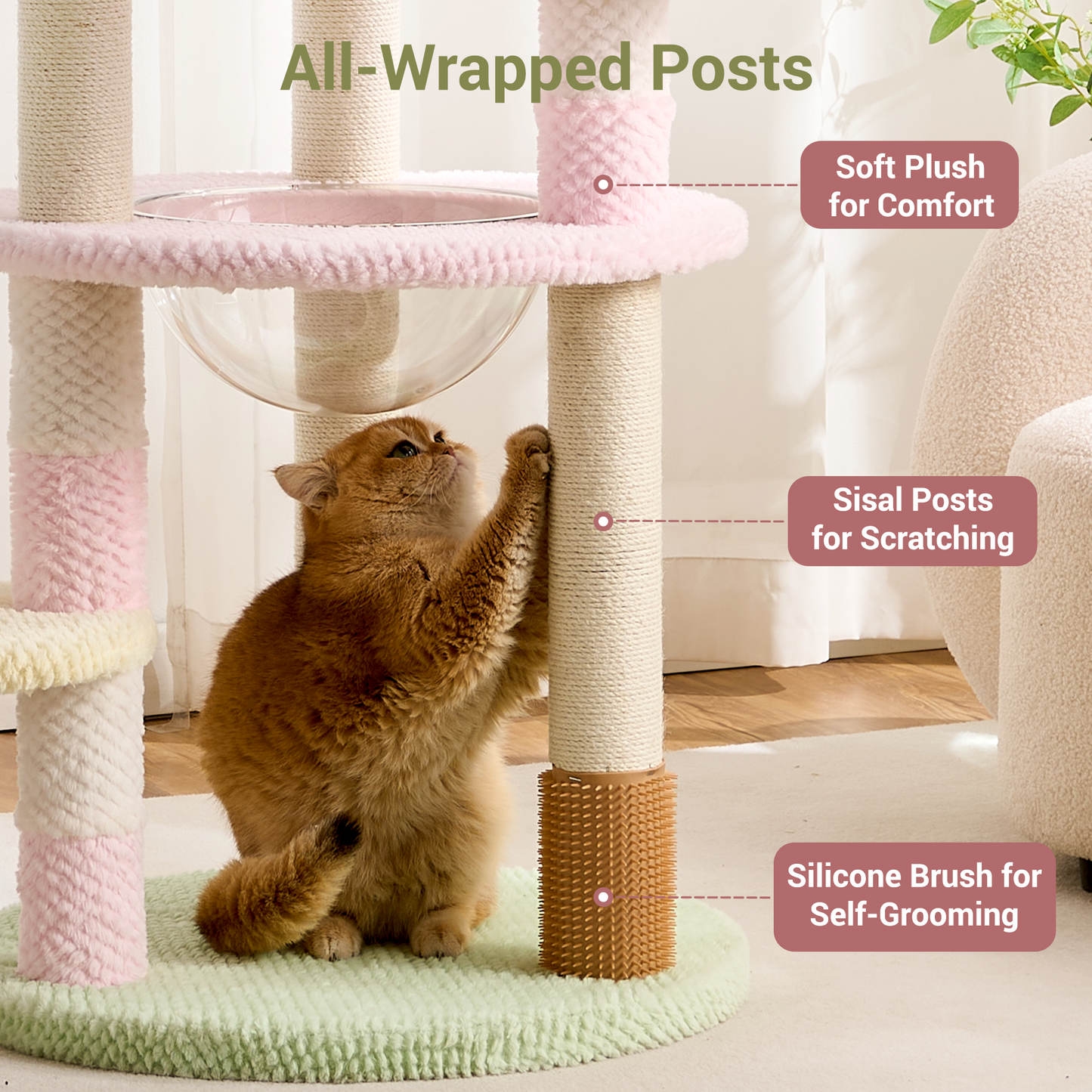 Modern Cat Tree Tower with Scratching Post for Indoor Cats, 50.5" Tall Cat Tree with Flower/Fluffy Cat Beds, Acrylic Capsule, Multi-Level Platforms & Interactive Toy, Brown/Pink
