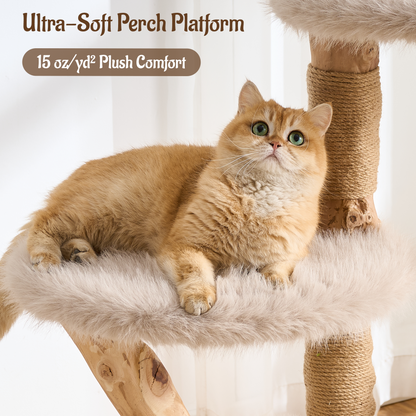 54"/ 58" Modern Aesthetic Cat Tree Tower for Indoor Cats with Branch-Style Natural Wood Scratching Posts, Luxury Plush Faux Fur Cat Bed with Natural Loft, Cave, Perches & Hanging Ball, Almond Khaki