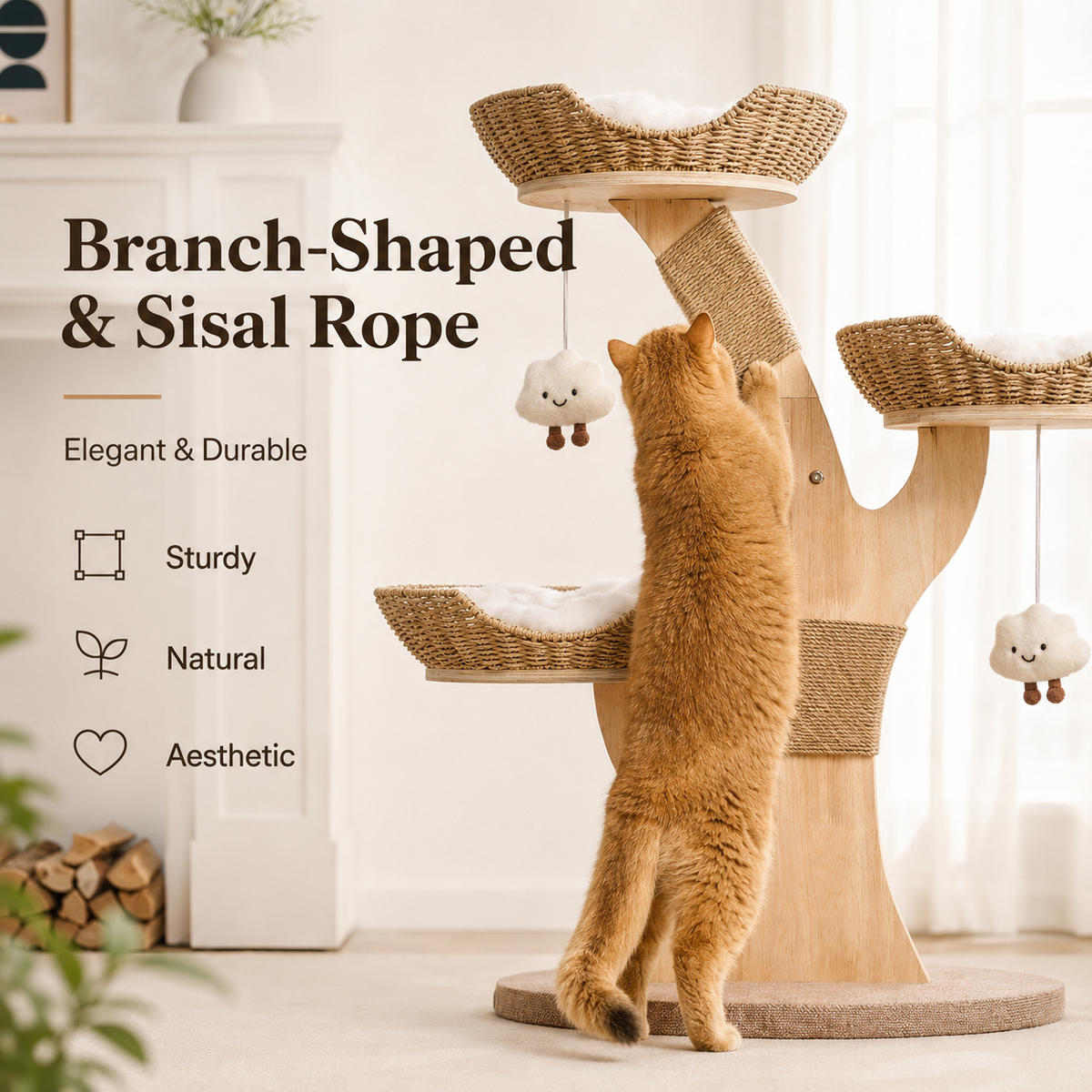 Modern Wood Cat Tree for Indoor Cats Small to Medium, Aesthetic Cat Tower with Handwoven Wicker Cat Beds, Sculpted Wood Branch Scratching Post & Interactive Squeaky Toys, Natural & White