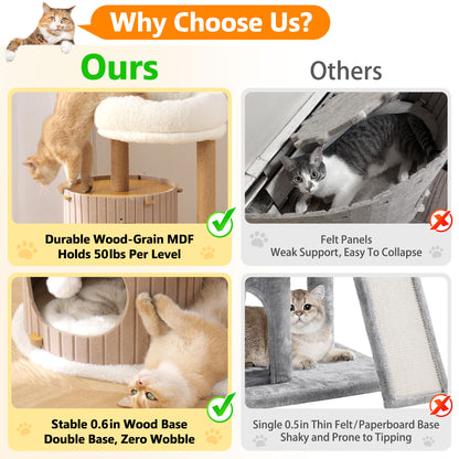 PawX Modern Cat Tree for Indoor Cats, 36in H Cat Condo Tower with Scratching Posts, Cozy Cat Bed Cave, Washable Cushions, Dangling Balls, Play & Nap Structure for All Breeds of Cats, Brown & White