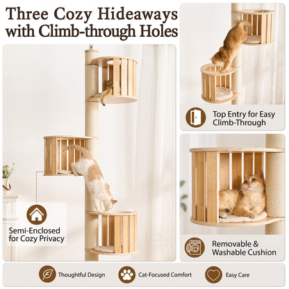 Floor to Ceiling Cat Tree, Adjustable 7.9–9.9 ft Tension Cat Tower, Modern Multi-Level Cat Tree with Thick Sisal Posts, Hidden Caves, Capsule & Perches, No Drilling