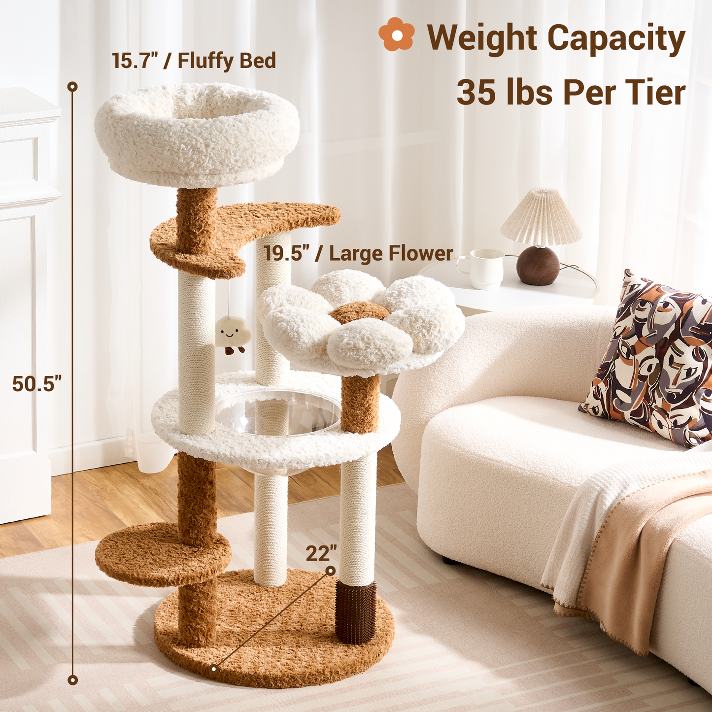 Modern Cat Tree Tower with Scratching Post for Indoor Cats, 50.5" Tall Cat Tree with Flower/Fluffy Cat Beds, Acrylic Capsule, Multi-Level Platforms & Interactive Toy, Brown/Pink