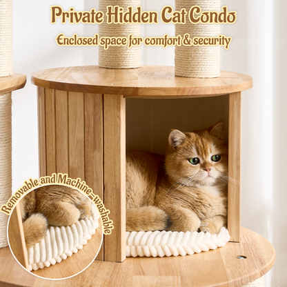 68" Tall Modern Wooden Cat Tree for Large Indoor Cats, Multi-Level Cat Tower with Sisal Scratching Posts, Spacious Top Perch, Condo & Capsule Bed, Turntable Toys, Stable Solid Wood Cat Furniture