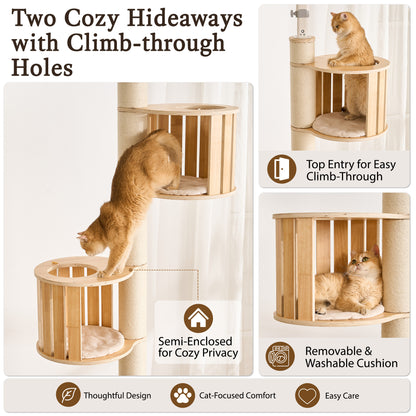 Floor to Ceiling Cat Tree, Adjustable 7.9–9.9 ft Tension Cat Tower, Modern Multi-Level Cat Tree with Thick Sisal Posts, Hidden Caves, Capsule & Perches, No Drilling