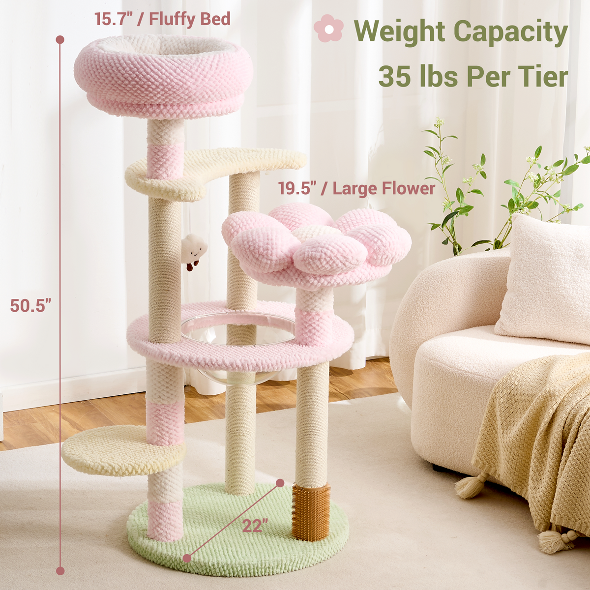 Modern Cat Tree Tower with Scratching Post for Indoor Cats, 50.5" Tall Cat Tree with Flower/Fluffy Cat Beds, Acrylic Capsule, Multi-Level Platforms & Interactive Toy, Brown/Pink
