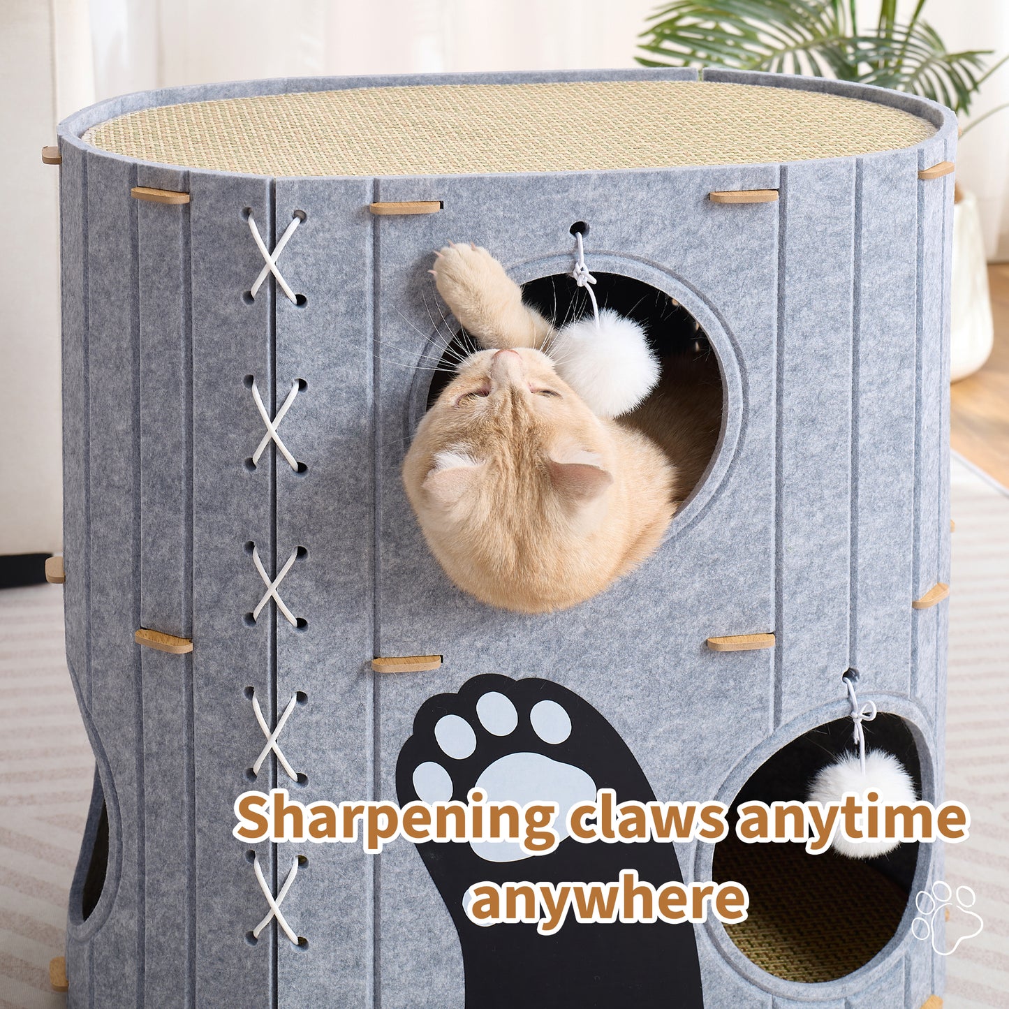 797Audio Cat House for Indoor Cats,2-Storey 23" x 15" x 23" Large Felt Covered Cat Cave for Multiple Cats, Clawsable Enclosed Cat Hideout Houses&Condos with Fluffy Ball, Cozy Scratch Resistant House