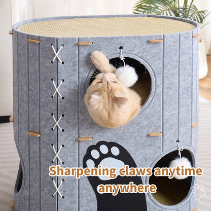797Audio Cat House for Indoor Cats,2-Storey 23" x 15" x 23" Large Felt Covered Cat Cave for Multiple Cats, Clawsable Enclosed Cat Hideout Houses&Condos with Fluffy Ball, Cozy Scratch Resistant House