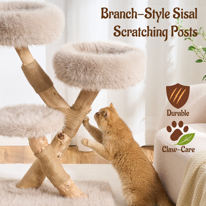 Hittite 38" Modern Cat Tree for Indoor Cats, Aesthetic Natural Wood Cat Tower with Branch-Style Scratching Posts, Luxury Plush Faux Fur Cat Beds with Natural Loft, Perch & Hanging Ball