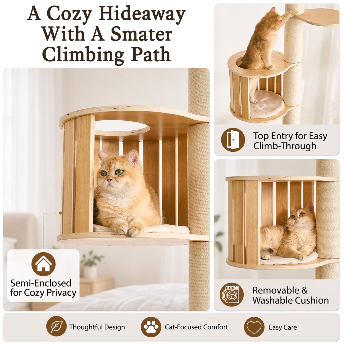 Floor to Ceiling Cat Tree, Adjustable 7.9–9.9 ft Tension Cat Tower, Modern Multi-Level Cat Tree with Thick Sisal Posts, Hidden Caves, Capsule & Perches, No Drilling