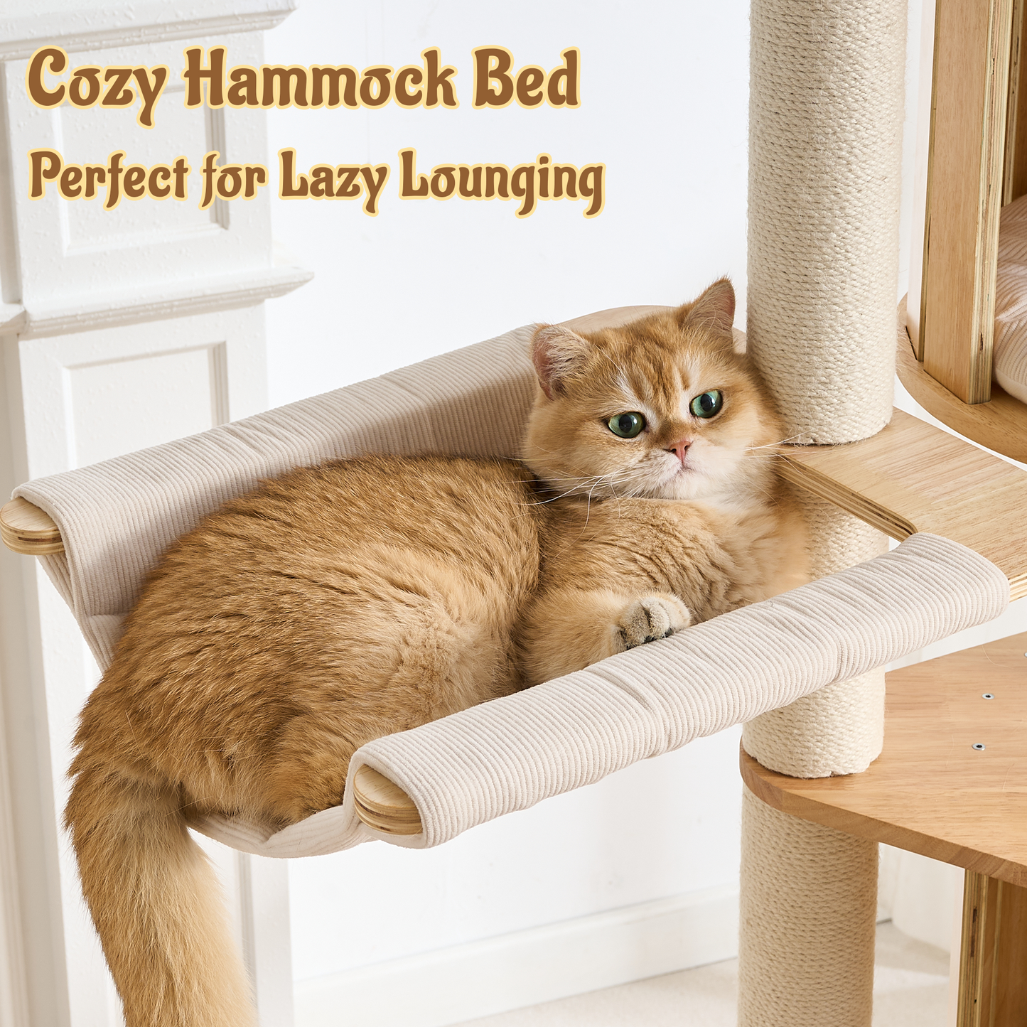 70" Modern Wood Cat Tree for Indoor Cats, Multi-Level Cat Tower with 2 Hidden Cat Caves, Hammock, Elevated Top Beds & Sisal Scratching Posts, Furniture-Style Cat Condo for Multi-Cat Homes