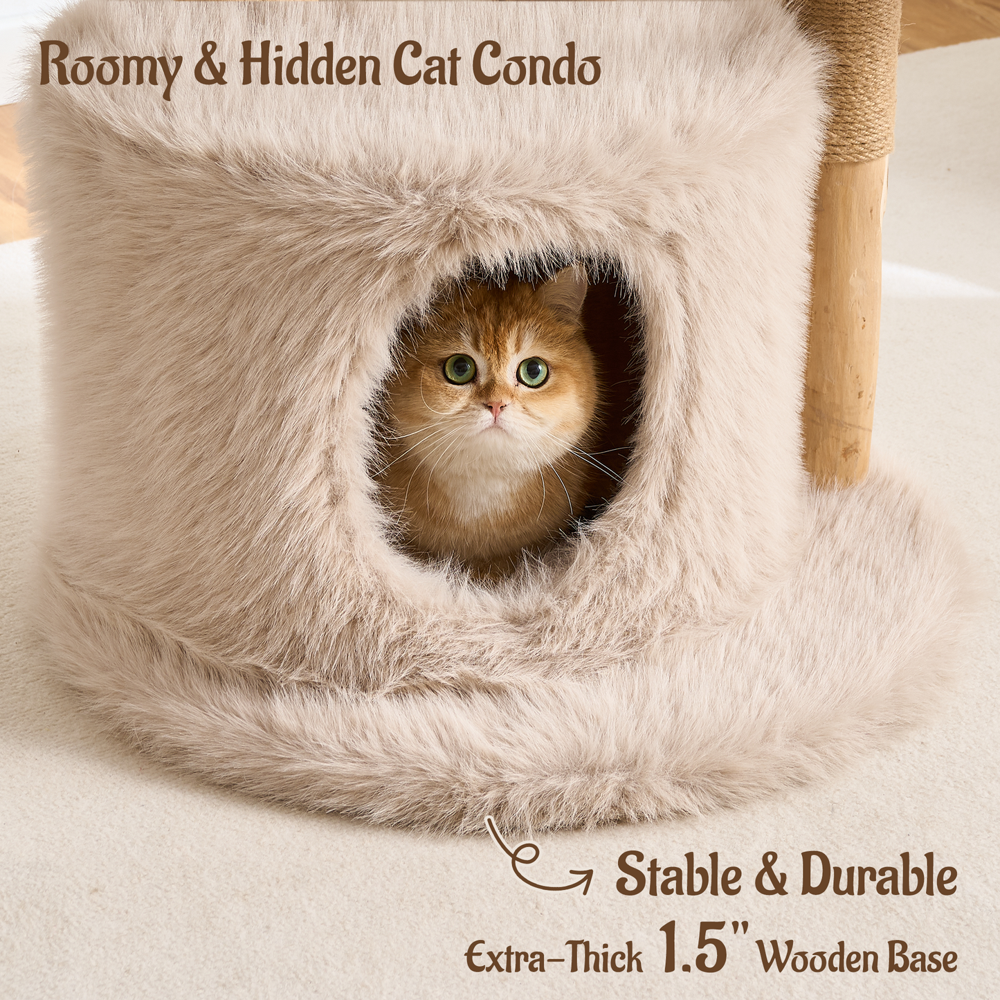 54"/ 58" Modern Aesthetic Cat Tree Tower for Indoor Cats with Branch-Style Natural Wood Scratching Posts, Luxury Plush Faux Fur Cat Bed with Natural Loft, Cave, Perches & Hanging Ball, Almond Khaki