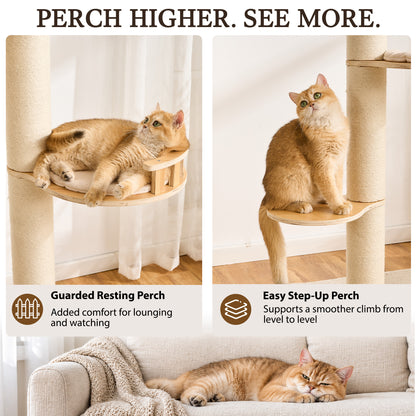 Floor to Ceiling Cat Tree, Adjustable 7.9–9.9 ft Tension Cat Tower, Modern Multi-Level Cat Tree with Thick Sisal Posts, Hidden Caves, Capsule & Perches, No Drilling