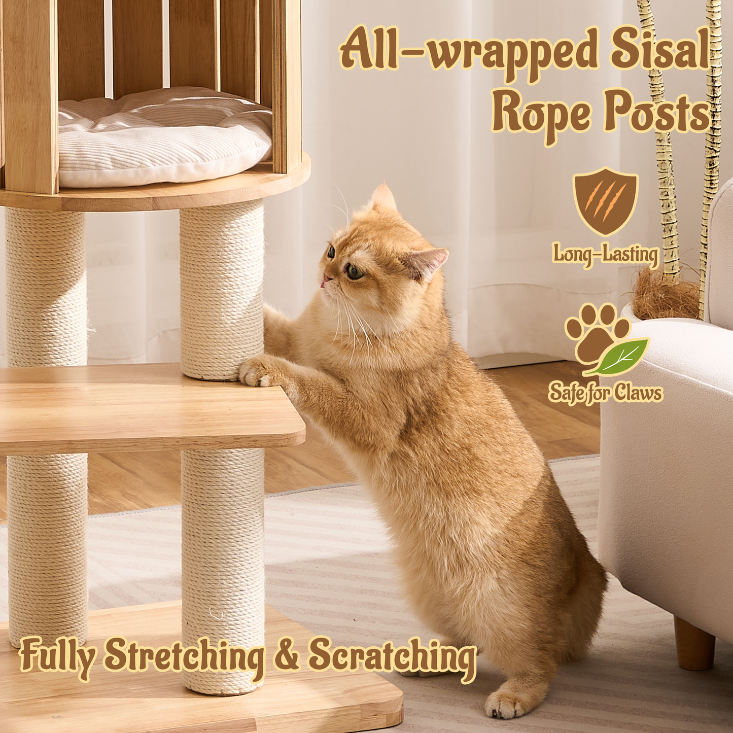 70" Modern Wood Cat Tree for Indoor Cats, Multi-Level Cat Tower with 2 Hidden Cat Caves, Hammock, Elevated Top Beds & Sisal Scratching Posts, Furniture-Style Cat Condo for Multi-Cat Homes