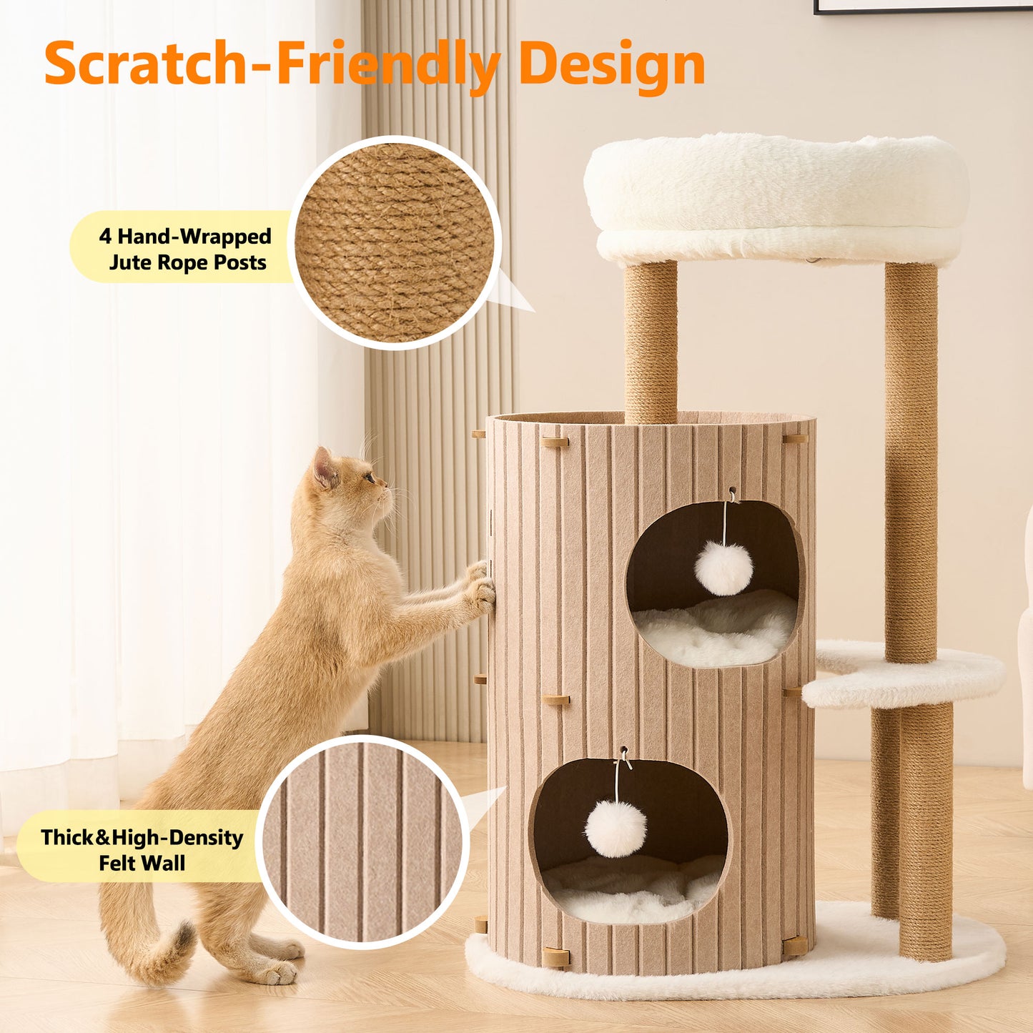 PawX Modern Cat Tree for Indoor Cats, 36in H Cat Condo Tower with Scratching Posts, Cozy Cat Bed Cave, Washable Cushions, Dangling Balls, Play & Nap Structure for All Breeds of Cats, Brown & White